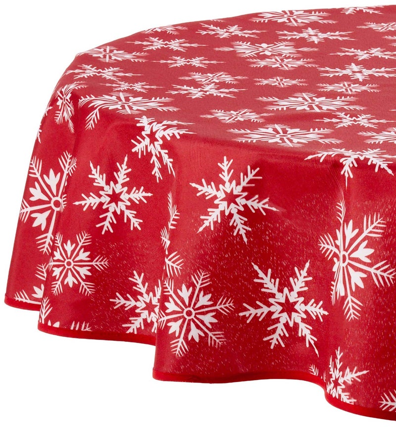 Violet Linen Decorative Christmas Snowflakes Design Red Tablecloths - 60" Round - Image 1
